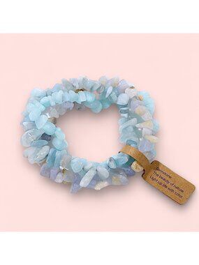 NWT Beaded Stretch Bracelet Set 3 PCs Aquamarine Chalcedony Agate Gemstone